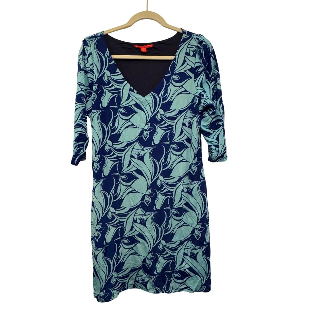 Nicola Antoni Floral Print Womens 3/4 Sleeve V-Neck Dress Size L Blue & Green - Picture 1 of 9